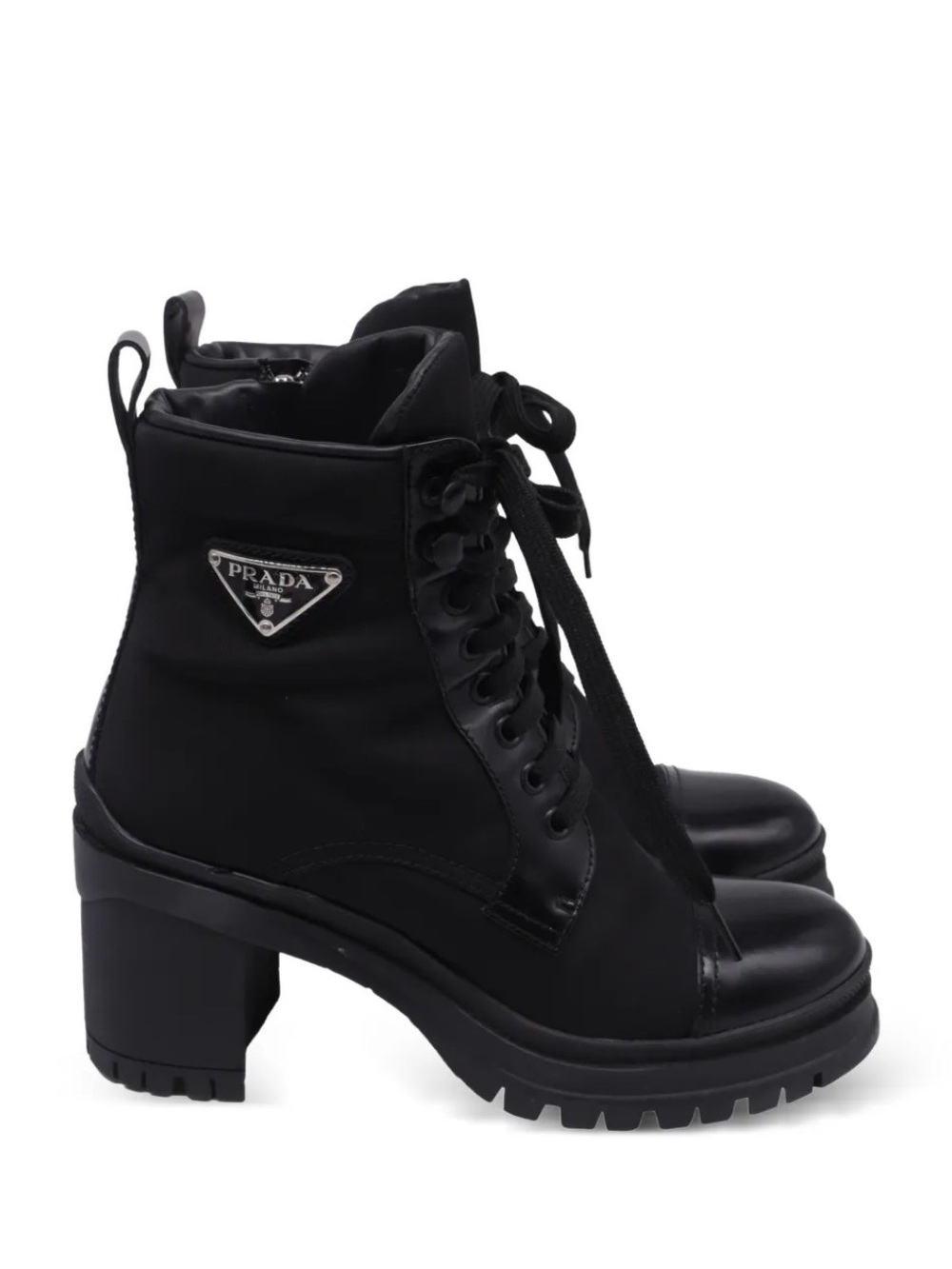 Prada Black Lace-Up Lug Heel Ankle Boots with Triangle Logo